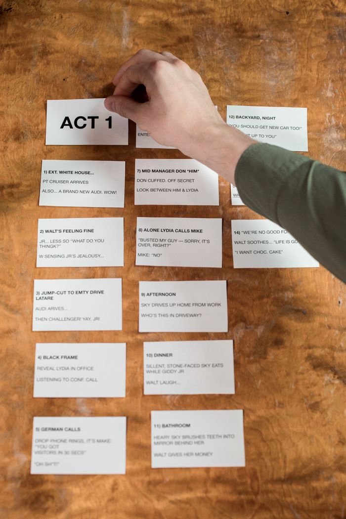 Services A hand arranges Act 1 scene cards for a screenplay on a wooden desk.